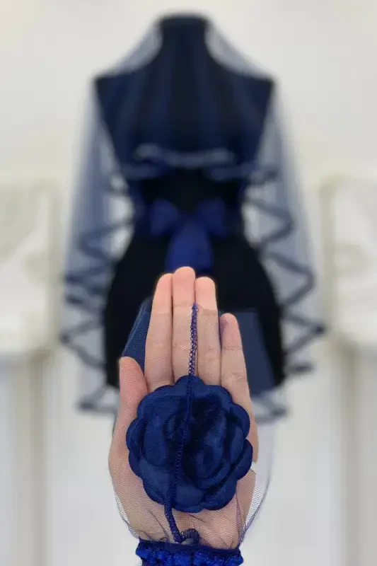 Navy Blue Bridal Veil Set, Henna Veil Set with Glass Bead and Sequin Print 6 Pieces-VeilNavy Blue - 8