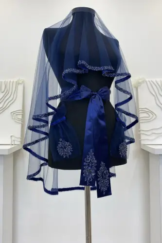 Navy Blue Bridal Veil Set, Henna Veil Set with Glass Bead and Sequin Print 6 Pieces-VeilNavy Blue 
