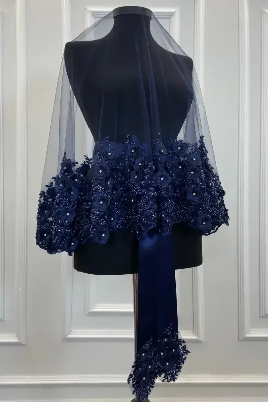 Navy Blue Bridal Veil Set, Henna Veil, Vip Model-Navy Blue - 1