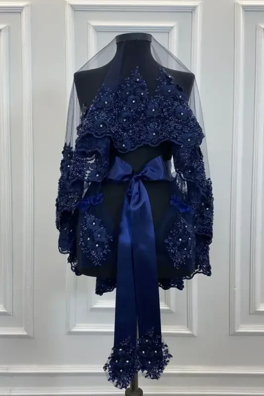 Navy Blue Bridal Veil Set, Henna Veil, Vip Model-Navy Blue - 3