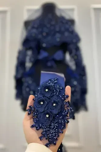 Navy Blue Bridal Veil Set, Henna Veil, Vip Model-Navy Blue - 4