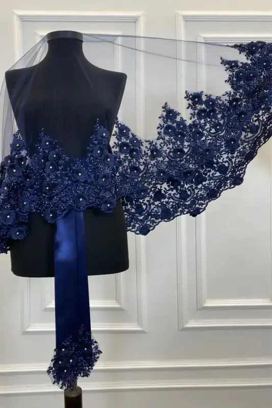 Navy Blue Bridal Veil Set, Henna Veil, Vip Model-Navy Blue - 6