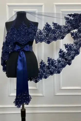 Navy Blue Bridal Veil Set, Henna Veil, Vip Model-Navy Blue - 7