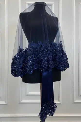 Navy Blue Bridal Veil Set, Henna Veil, Vip Model-Navy Blue - 1