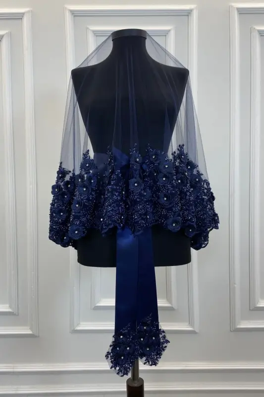 Navy Blue Bridal Veil Set, Henna Veil, Vip Model-Navy Blue - 2