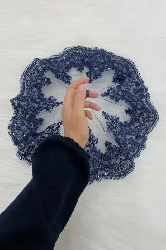 Navy Blue Bride Groom Halay Handkerchief, Shiny Guipure, Wedding Henna Night Bridesmaid Engagement Swear Bride-MENDİLTELKRMLACİVERT - 1