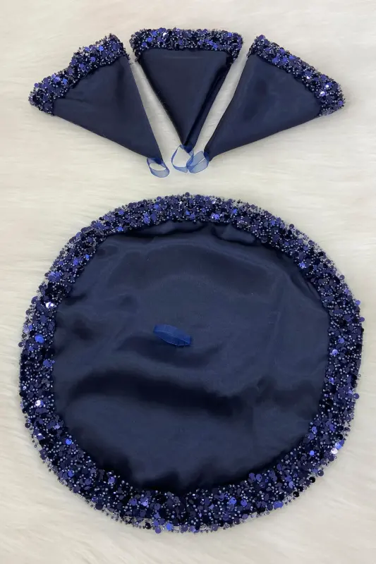 Navy Blue Bride Groom Handkerchief Shiny Sequin Detailed Wedding Halay Bridesmaid Engagement Promise Henna Circumcision Handkerchief-MENDİLIŞILMODELLACİVERTCE - 5