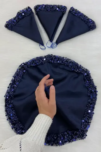 Navy Blue Bride Groom Handkerchief Shiny Sequin Detailed Wedding Halay Bridesmaid Engagement Promise Henna Circumcision Handkerchief-MENDİLIŞILMODELLACİVERTCE 