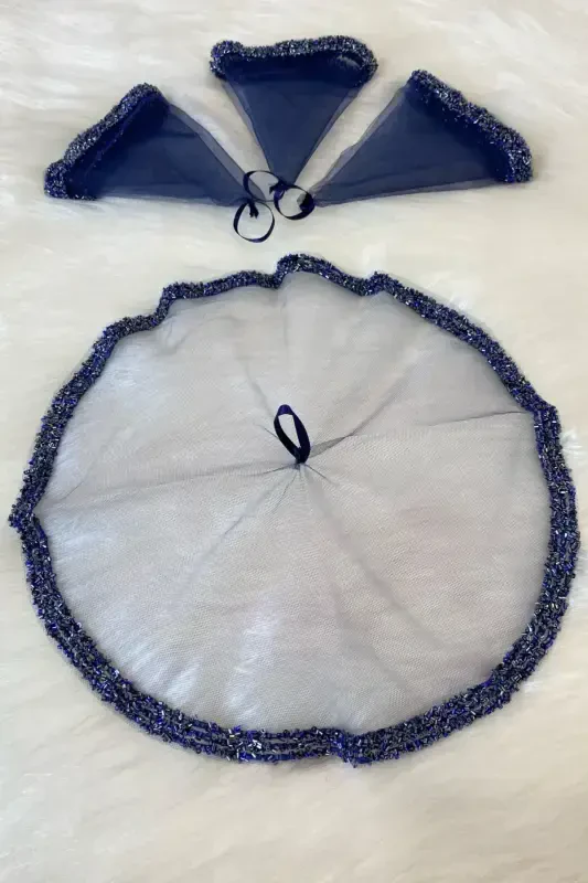 Navy Blue Bride Groom Handkerchief, Wedding Halay Bridesmaid Henna Circumcision Handkerchief, Glass Bead and Sequin Printed-Navy Blue - 2