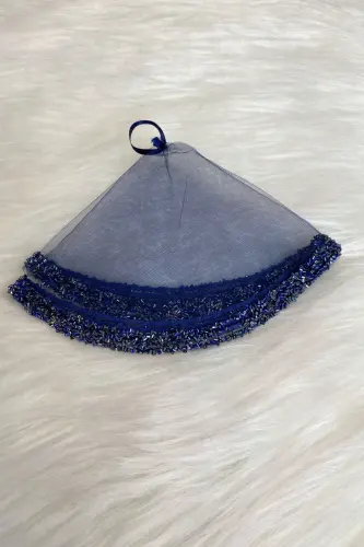 Navy Blue Bride Groom Handkerchief, Wedding Halay Bridesmaid Henna Circumcision Handkerchief, Glass Bead and Sequin Printed-Navy Blue - 3