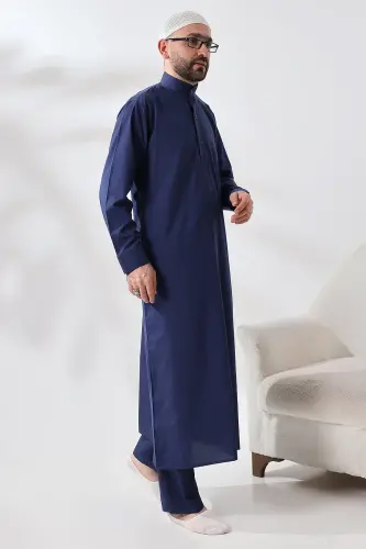 Navy Blue Chinar Dragon Fabric Men's Hajj Umrah Outfit Thobe Set - Navy Blue - IHVAN ONLINE (1)