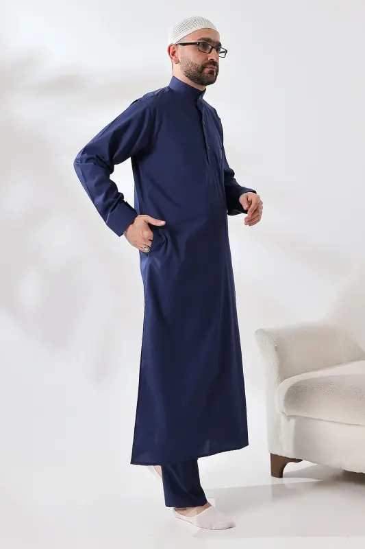 Navy Blue Chinar Dragon Fabric Men's Hajj Umrah Outfit Thobe Set - Navy Blue - 4