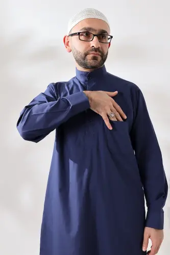 Navy Blue Chinar Dragon Fabric Men's Hajj Umrah Outfit Thobe Set - Navy Blue - 6