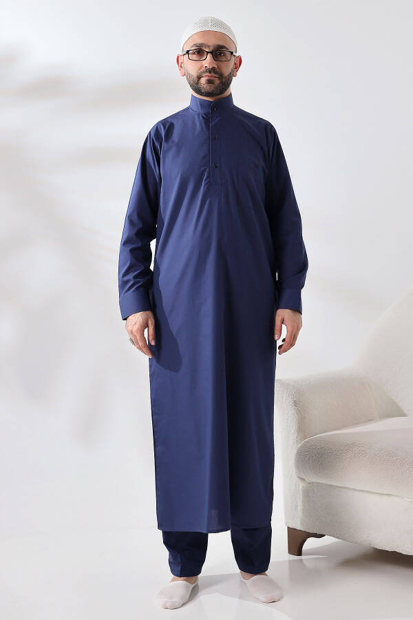 Navy Blue Çınar Dağron Fabric Men's Hajj and Umrah Dress Suit - 1