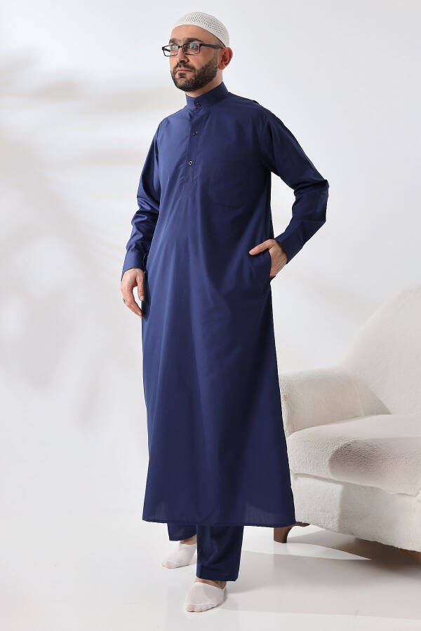 Navy Blue Çınar Dağron Fabric Men's Hajj and Umrah Dress Suit - 3