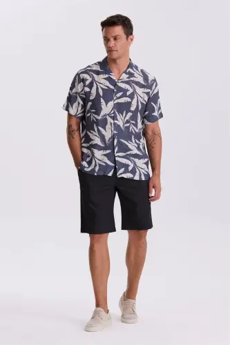 Navy Blue Classic Fit Apache Collar Patterned Relaxed Fit Linen Blend Short Sleeve Shirt 