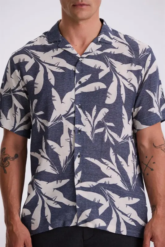 Navy Blue Classic Fit Apache Collar Patterned Relaxed Fit Linen Blend Short Sleeve Shirt - 3