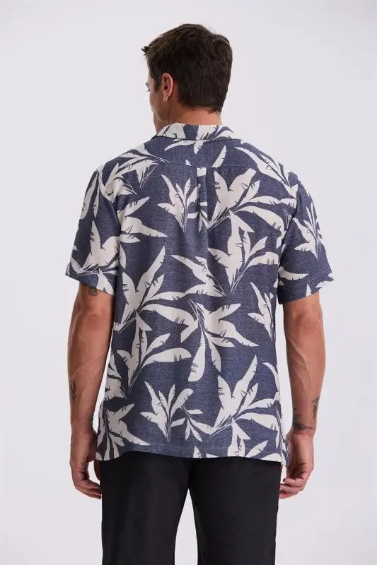 Navy Blue Classic Fit Apache Collar Patterned Relaxed Fit Linen Blend Short Sleeve Shirt - 4