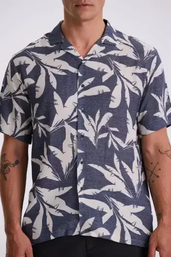 Navy Blue Classic Fit Apache Collar Patterned Relaxed Fit Linen Blend Short Sleeve Shirt - 3