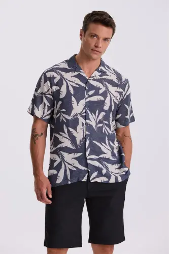 Navy Blue Classic Fit Camp Collar Patterned Relaxed Fit Linen Blend Short Sleeve Shirt - 1