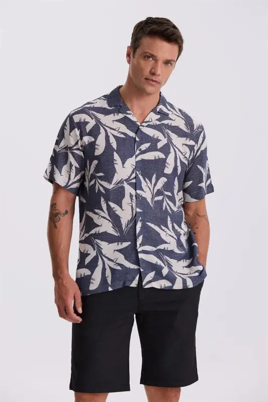 Navy Blue Classic Fit Camp Collar Patterned Relaxed Fit Linen Blend Short Sleeve Shirt - JAKAMEN