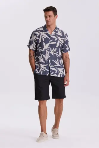 Navy Blue Classic Fit Camp Collar Patterned Relaxed Fit Linen Blend Short Sleeve Shirt - JAKAMEN (1)