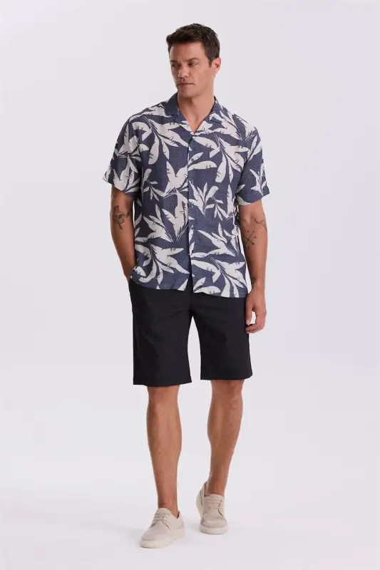 Navy Blue Classic Fit Camp Collar Patterned Relaxed Fit Linen Blend Short Sleeve Shirt - 2