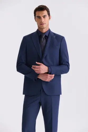 Navy Blue Classic Fit Peak Lapel Wool Suit - 2