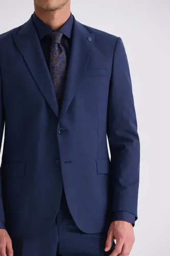Navy Blue Classic Fit Peak Lapel Wool Suit - 3