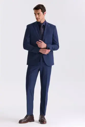 Navy Blue Classic Fit Peak Lapel Wool Suit 