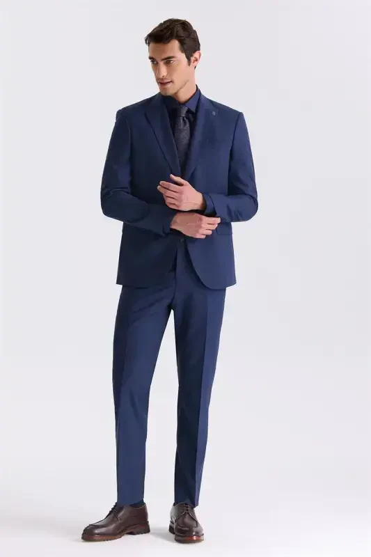 Navy Blue Classic Fit Peak Lapel Wool Suit - Modazone
