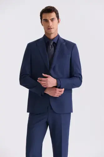 Navy Blue Classic Fit Peak Lapel Wool Suit - 2