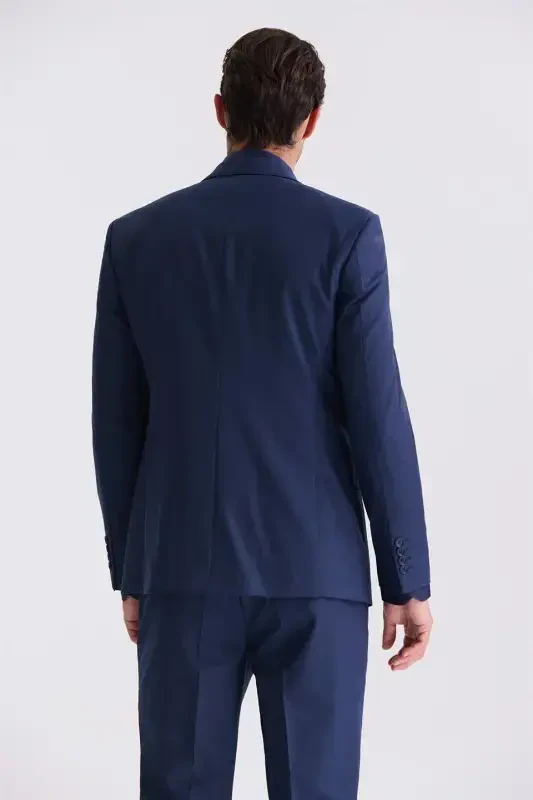 Navy Blue Classic Fit Peak Lapel Wool Suit - 4