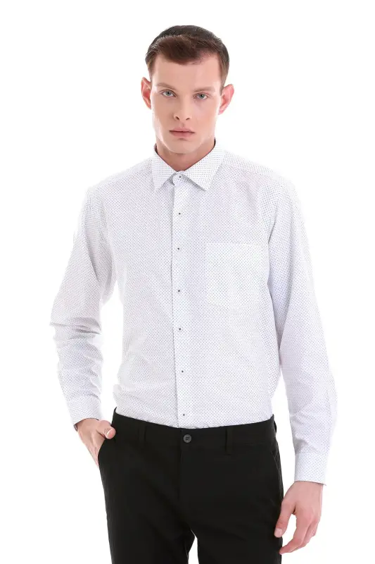 Navy Blue Classic Fit Printed Cotton Slim Collar Long Sleeve Classic Shirt-Navy Blue - HATEMOĞLU