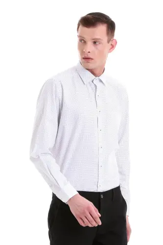 Navy Blue Classic Fit Printed Cotton Slim Collar Long Sleeve Classic Shirt-Navy Blue - 4