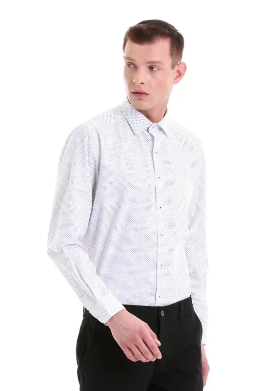 Navy Blue Classic Fit Printed Cotton Slim Collar Long Sleeve Classic Shirt-Navy Blue - 4