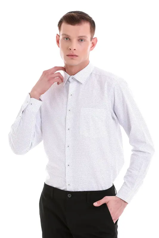 Navy Blue Classic Fit Printed Cotton Slim Collar Long Sleeve Classic Shirt-Navy Blue - 5