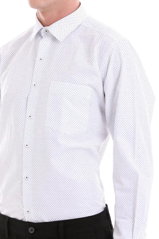 Navy Blue Classic Fit Printed Cotton Slim Collar Long Sleeve Classic Shirt-Navy Blue - 6