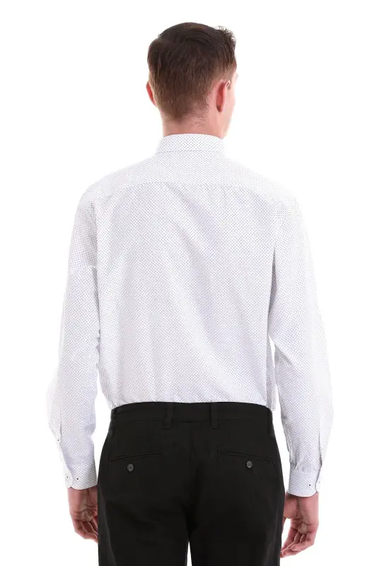 Navy Blue Classic Fit Printed Cotton Slim Collar Long Sleeve Classic Shirt-Navy Blue - 7