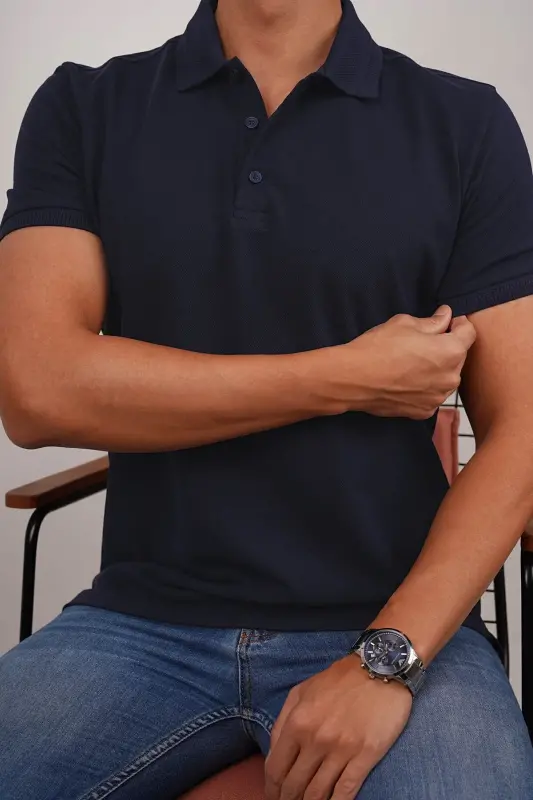 Navy Blue Collar Patterned Men's Polo Neck T-Shirt-Navy Blue - 1