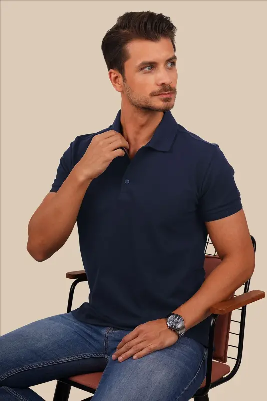 Navy Blue Collar Patterned Men's Polo Neck T-Shirt-Navy Blue - 2