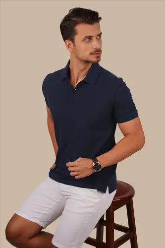 Navy Blue Collar Patterned Men's Polo Neck T-Shirt-Navy Blue - 3