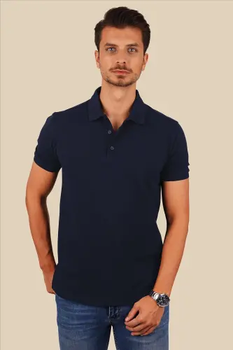 Navy Blue Collar Patterned Men's Polo Neck T-Shirt-Navy Blue - 5