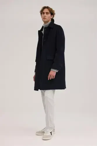 Navy Blue Comfort Fit Baby Collar Wool Coat - 1