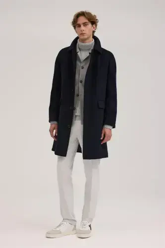 Navy Blue Comfort Fit Baby Collar Wool Coat - 2