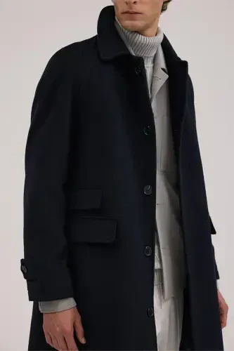 Navy Blue Comfort Fit Baby Collar Wool Coat - 3