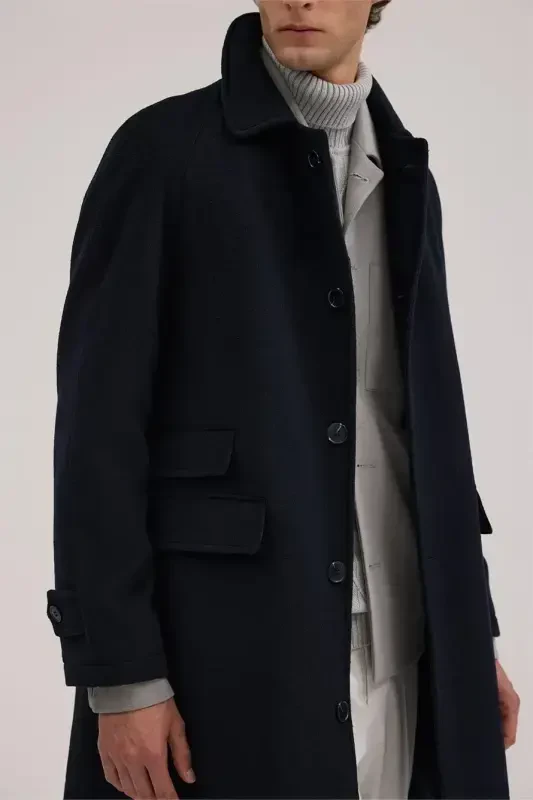 Navy Blue Comfort Fit Baby Collar Wool Coat - 3