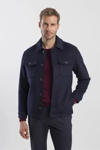 Navy Blue Comfort Fit Baby Collar Wool Coat 