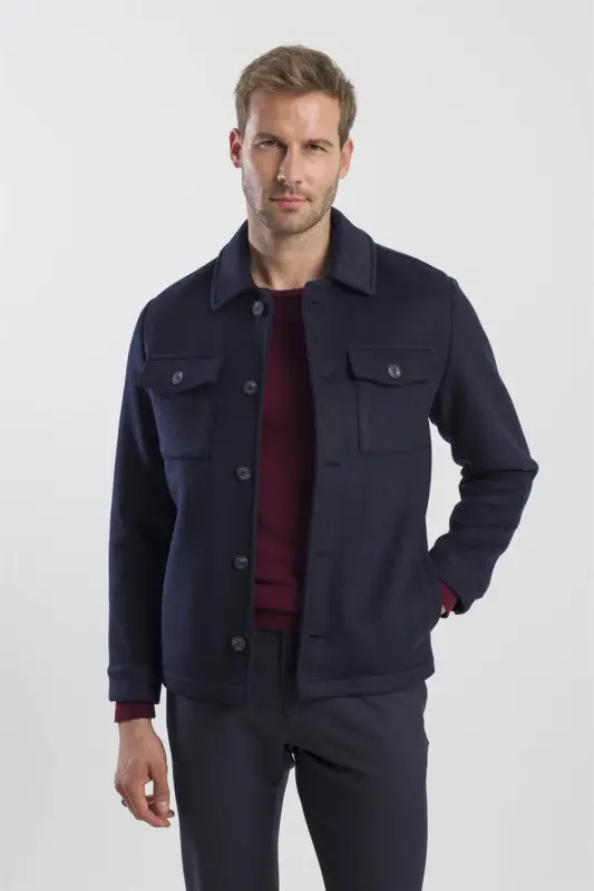 Navy Blue Comfort Fit Baby Collar Wool Coat - 1