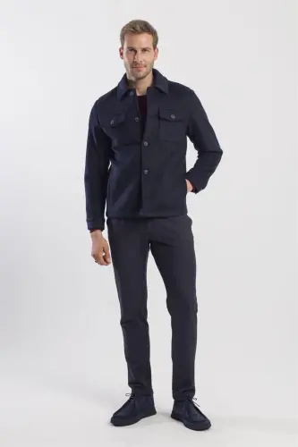 Navy Blue Comfort Fit Baby Collar Wool Coat - 2